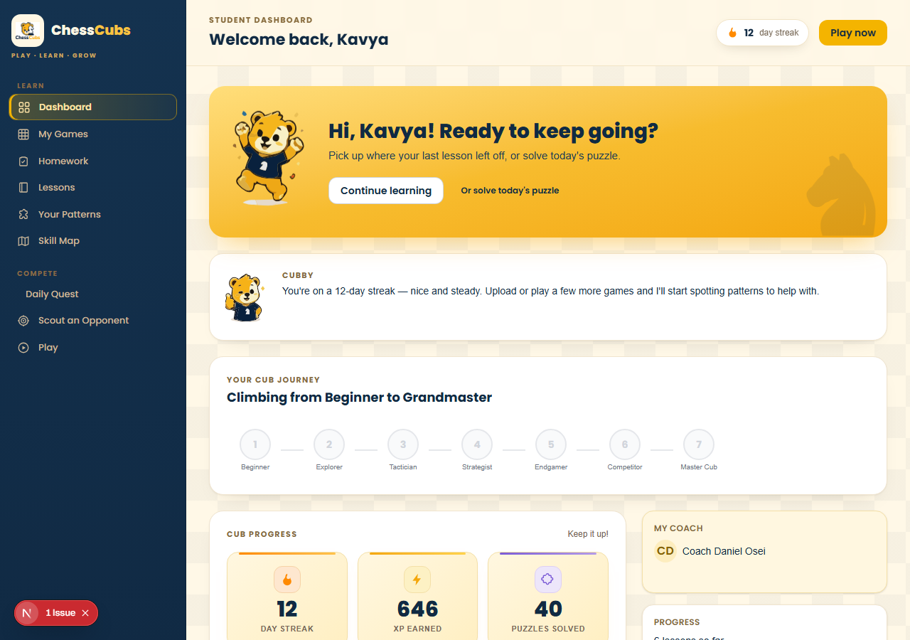ChessCubs student dashboard